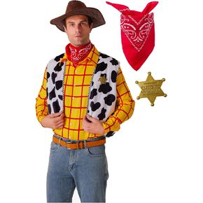 Cowboy Costume for Men with Plaid Shirt, Vest, Neckerchief & Gold Star Metal Badge - Western Outfit for Halloween and Parties
