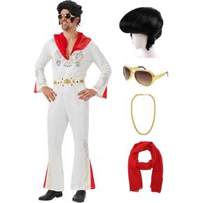 50s Rock Star Costume Mens Adult 60s 70s Disco Outfits Halloween Singer Jumpsuit with Wig Sunglasses Scarf Necklace