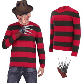 Adult Freddy Costume Men Green and Red Striped Sweater Halloween Costume Scary Killer Cosplay Outfit with Claw Glove