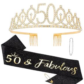 Semato 50th Birthday Decorations 50th Birthday Tiara Sash Kit- 50th Birthday Gifts for Women 50th Birthday Party Decorations (rose gold)