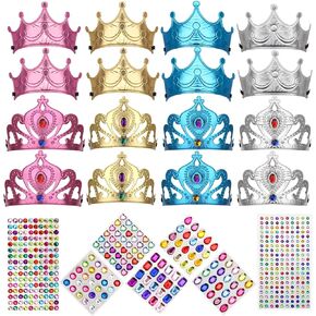 23 Pieces Foam Crowns Set, 16 Pieces Foam Princess Tiaras and Crowns Party Foam Hats with 7 Sheets 500 Pieces Crystal Diamond Sticker Princess King Crown DIY Birthday Decoration Favor Supplies