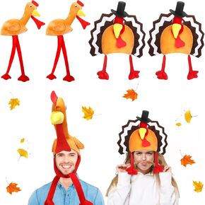 Geyoga 4 Pieces Thanksgiving Turkey Hats Plush Turkey Trot Hat with Legs Funny Thanksgiving Headbands for Woman Man