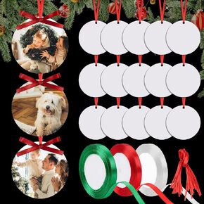 Christmas Sublimation Ornament Blanks 24PCS MDF Sublimation Blank Pendants Bulk Double Sided Printed Round Sublimation Ornaments with 3 Roll Ribbon for Christmas DIY Craft Decoration Supplies