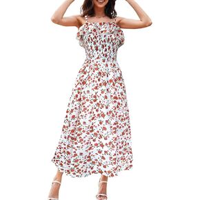 فساتين الصيف النسائية 2024 فستان الشمس السباغيتي حزام Smocked كشكش الشاطئ فستان طويل بوهو الأزهار ماكسي فساتين in Kuwait