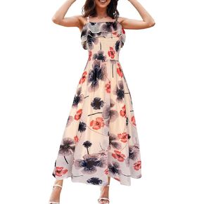 Women's Summer Dresses 2024 Sundress Spaghetti Strap Smocked Ruffle Beach Long Dress Boho Floral Maxi Dresses