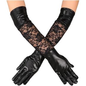 Latious Leather Long Gloves Black Lace Elbow Length Gloves Halloween Costume Steampunk Gloves for Women