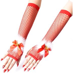 Latious Christmas Fingerless Gloves Red Fishnet Long Gloves Christmas Costume Gloves Party Cosplay Glove Xmas Accessories for Women and Girls