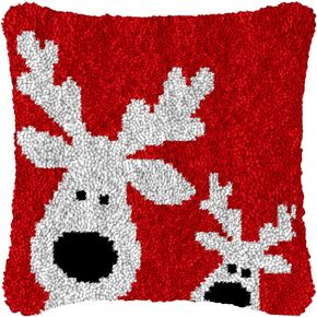 Latch Hook Kits Red Pillow Christmas Reindeer Printed Canvas Cushion DIY Crochet Yarn Needlework Hook Latch Kit Embroidery Pillowcase Rug Cover Home Sofa Merry Christmas Decoration 43x43cm