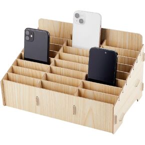 BENECREAT 24-Grid Wooden Mobile Phone Management Storage Box, Black Cell Phone Storage Box Desktop Organizer for Office and School Supplies, Walnut Color
