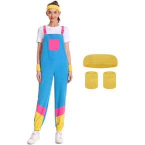 المرأة 80s مريلة وزرة السراويل اللون كتلة رياضية بذلة فضفاضة غير رسمية جيوب الأشرطة قابل للتعديل 4 قطعة