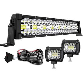 22 Inch LED Light Bar T-Former Triple Row 450W Flood Spot Combo Beam Off Road Lights 2pc 4inch 60W Spot Driving Fog Lights with Rocker Switch Harness Wiring for Trucks ATV UTV Jeep Boat Pickup