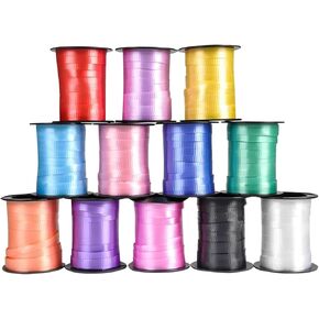 Fun Express Assorted Curling Ribbon Rolls - 60 Feet Per Roll - 12 Rolls Yellow / Blue / Pink, 3/16" Wide