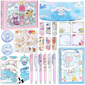 Cinnamon Roll School Supplies Set, Cute Kawaii School Supplies Gift Set, Including Gel Pens Cartoon Journal Notebook Pencil Cse ID Badge Holder Stickers Key Chain Bookmark Pins Sticky Notes Blue