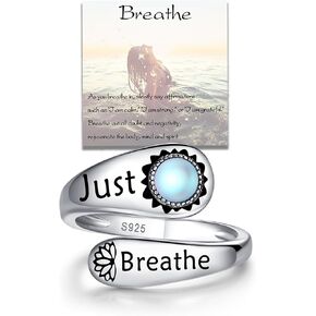 Just Breathe Spoon Ring 925 Sterling Silver Spoon Moonstone Ring Hope Healing Adjustable Rings Inspirational Encouragement Jewelry Gifts for Women