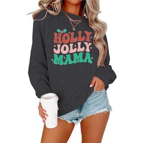 DOLITAEN Women Holly Jolly Mama Sweatshirt Mom Christmas Sweater Matching Family Long Sleeve Pullover Tops
