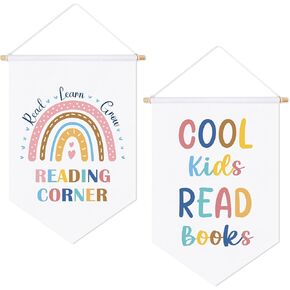 Shejdgart Reading Quote Wall Banner - 2 Pcs Cool Kids Read Books Reading Corner Decor Book Lover Gifts Boho Canvas Hanging Flag Banner Wall Sign Kids Gift for Classroom School Reading Room Decor