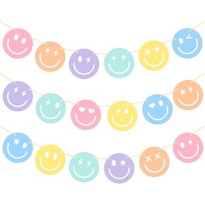 Pastel Smile Face Banners 2Pcs Macaron Smile Face Party Decorations Pastel Themed Birthday Party Banner Decorations for Pastel Rainbow Party Smile Face Theme Macaron Color Bachelorette Party Supplies