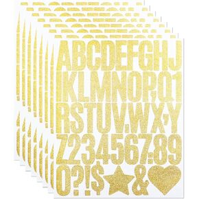2 Inch Letter Stickers, 376 Pieces Shiny Self Adhesive Alphabet Number Sticker for Mailbox, Door, Truck and Outdoor, Waterproof Sticky Vinyl Symbol Stickers for DIY(8 Sheet Gold,Glitter)