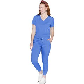 Med Couture Women's Scrub Set with V- Neck Scrub Top MC7448 and 2-Way Stretch Pants 7710, Ciel - XL Top/XL Petite Pant