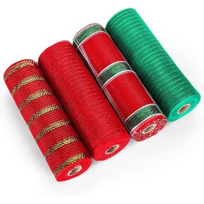 Whaline 4 Roll Christmas Mesh Ribbon Red Green 10 inch x 30 feet(10Yard) Metallic Foil Poly Mesh Ribbon Xmas Tree Foil Stripe Deco Mesh Rolls for Xmas Tree Wreath Garland Bow Crafts Party Decor