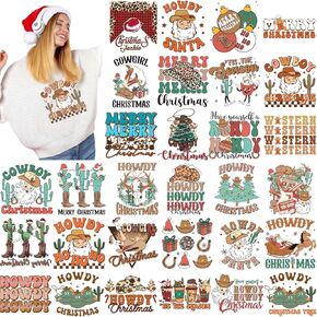 Estune 30 Pcs Christmas Iron on Transfers Retro Santa Iron on Decals Gingerbread Patches Heat Transfers Vinyl Xmas Heat Decals for Clothes Bag Covers DIY Decorations (Lovely Style)