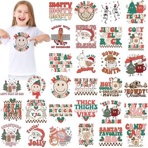 Estune 30 Pcs Christmas Iron on Transfers Retro Santa Iron on Decals Gingerbread Patches Heat Transfers Vinyl Xmas Heat Decals for Clothes Bag Covers DIY Decorations (Lovely Style)