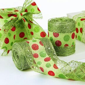 Waydress 2 Roll Elf Christmas Polka Dot Ribbon Wired Christmas Ribbon Elf DIY Christmas Ribbons for Wreaths Gifts Wrapping Tree Decor Supplies(Red, Green, White)