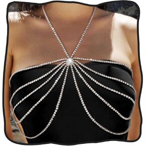 DRESBE Layering Rhinestone Chest Chain Silver Sparkly Crystal Bra Chains Summer Beach Body Jewelry Accessories for Women