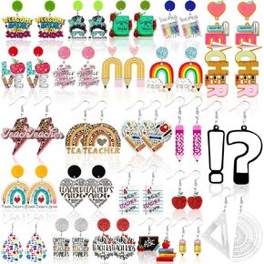 24 Pairs Teacher Earrings for Women Acrylic Earrings Bulk Colorful Pencil Apple Rainbow Book Protractor Heart Shaped Teacher Jewelry for Teacher Student Appreciation Gifts