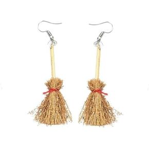 Unique Handmade Funny Earrings Creative Broom Earrings Miniature Witch Flying Straw Broom Dangle Earrings Halloween