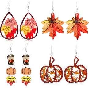 4 Pairs Fall Thanksgiving Earrings Set for Women Wooden Pumpkin Maple Leaf Shaped Coffee Mugs Thanksgiving Day Fun Drop Dangle Thanksgiving earrings Holiday Jewelry
