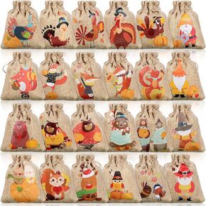 24 Pieces Thanksgiving Burlap Bags Thanksgiving Treat Goodies Bags Mini Burlap Drawstring Bags Candy Burlap Pouches for Snack Jewelry Autumn Thanksgiving Showers Party Decor, 24 Designs