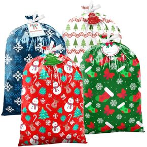 EverMerry Large Christmas Gift Bags for Christmas Presents，4 Patterns Large Size Plastic Giant Gift Bags for Huge Gifts，Holiday，Christmas, New Year Gift Bags（Reusable Gift Bags with Card & Tie）