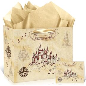 Magical Wizard Gift Bags Wizard School Party Favors Bag with Tissue Paper and Card Welcome Wizard Castle Goodie Kraft Bags Wrapping Paper for Kids Boy Girl Birthday Christmas Wizard Party Decorations