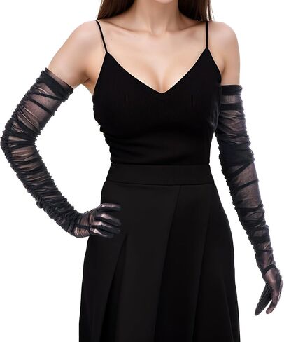 Nydotd Women's Sexy Sheer Gloves Super Long Mesh Tulle Ruched Gloves Opera 1920's Costume Party Dance Stretchy Gloves in Saudi Arabia