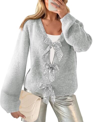 Women’s 2024 Fall Winter Bow Knot Cardigan Sweater Long Sleeve Open Front V Neck Chunky Knit Cardigan Coats in Saudi Arabia