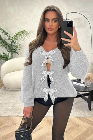 Women’s 2024 Fall Winter Bow Knot Cardigan Sweater Long Sleeve Open Front V Neck Chunky Knit Cardigan Coats in Saudi Arabia