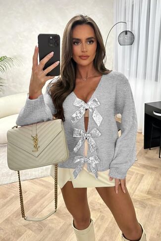 Women’s 2024 Fall Winter Bow Knot Cardigan Sweater Long Sleeve Open Front V Neck Chunky Knit Cardigan Coats in Saudi Arabia