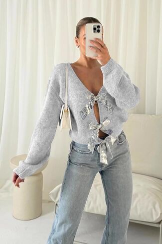 Women’s 2024 Fall Winter Bow Knot Cardigan Sweater Long Sleeve Open Front V Neck Chunky Knit Cardigan Coats in Saudi Arabia