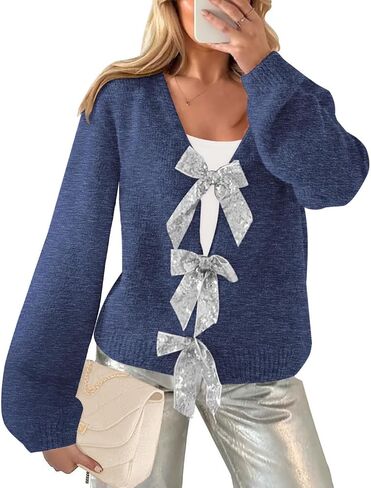Women’s 2024 Fall Winter Bow Knot Cardigan Sweater Long Sleeve Open Front V Neck Chunky Knit Cardigan Coats in Saudi Arabia