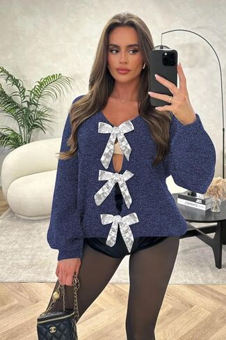 Women’s 2024 Fall Winter Bow Knot Cardigan Sweater Long Sleeve Open Front V Neck Chunky Knit Cardigan Coats in Saudi Arabia