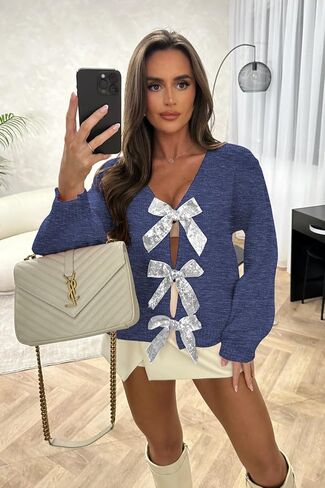 Women’s 2024 Fall Winter Bow Knot Cardigan Sweater Long Sleeve Open Front V Neck Chunky Knit Cardigan Coats in Saudi Arabia