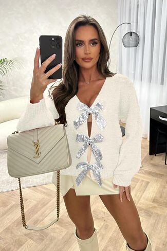 Women’s 2024 Fall Winter Bow Knot Cardigan Sweater Long Sleeve Open Front V Neck Chunky Knit Cardigan Coats in Saudi Arabia