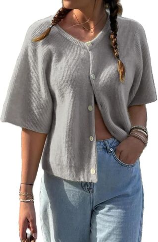 Women Crop Knit Cardigan Casual Short Sleeve Button Down Crewneck Sweater Going Out Tops in Kuwait