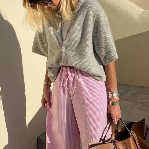 Women Crop Knit Cardigan Casual Short Sleeve Button Down Crewneck Sweater Going Out Tops in Kuwait