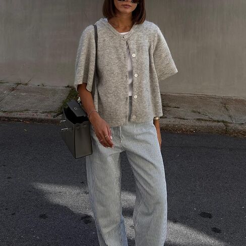Women Crop Knit Cardigan Casual Short Sleeve Button Down Crewneck Sweater Going Out Tops in Kuwait