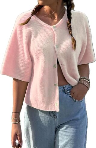 Women Crop Knit Cardigan Casual Short Sleeve Button Down Crewneck Sweater Going Out Tops in Kuwait