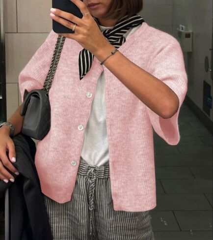 Women Crop Knit Cardigan Casual Short Sleeve Button Down Crewneck Sweater Going Out Tops in Kuwait