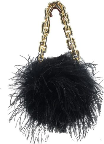 LVCOMEFF Women Ostrich Feather Mini Handbag Purse with Big Gold Chain for Party Fluffy Plush Luxurious in Kuwait