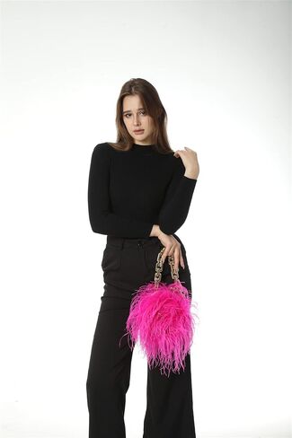 LVCOMEFF Women Ostrich Feather Mini Handbag Purse with Big Gold Chain for Party Fluffy Plush Luxurious in Kuwait